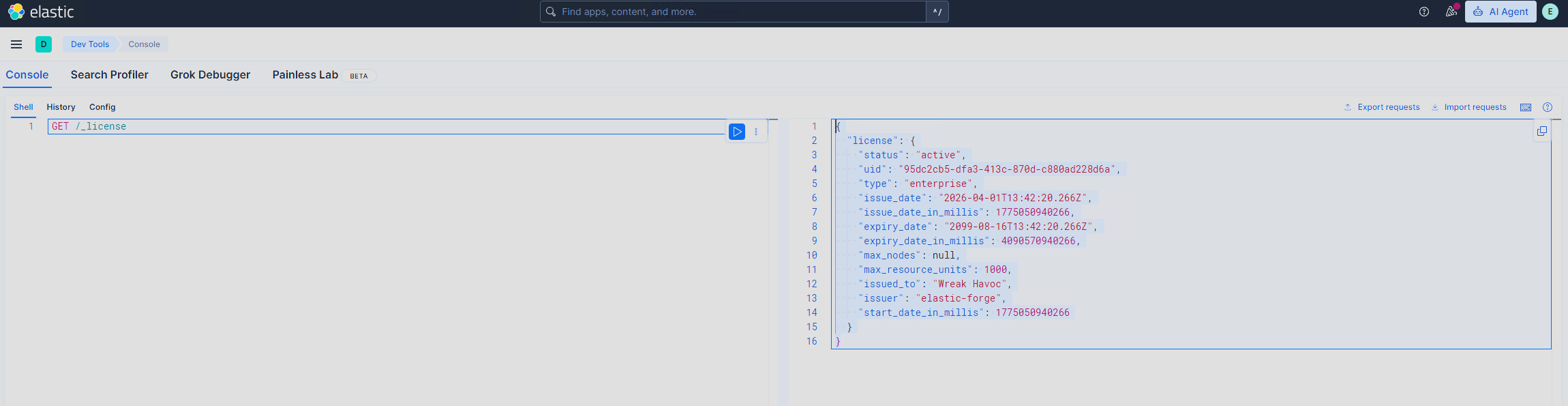 GET /_license response - note issuer is "elastic-forge"