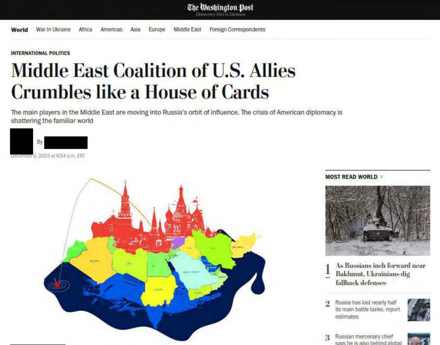 A forged Washington Post article page at washingtonpost.pm, headlined "Middle East Coalition of U.S. Allies Crumbles like a House of Cards", with a map of the Middle East under the Kremlin
