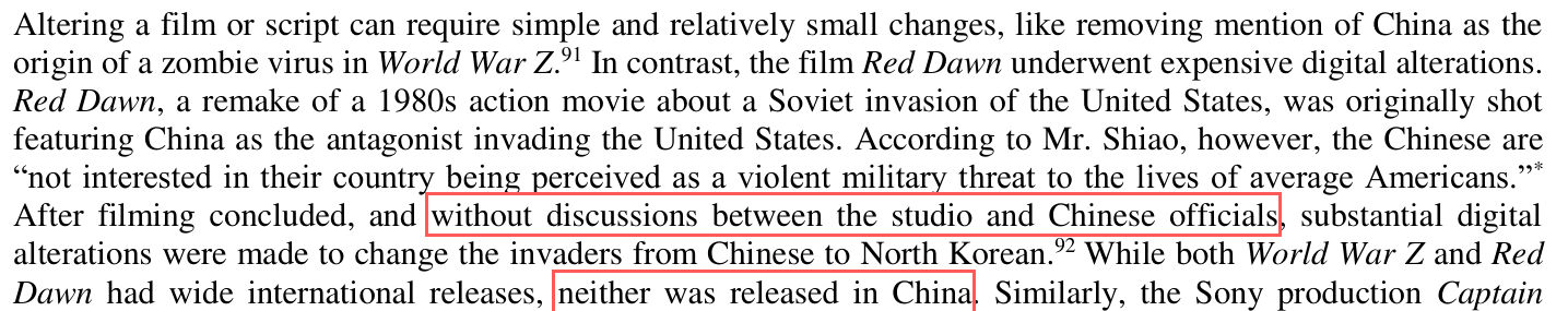 A paragraph from a report to the US-China Economic and Security Review Commission about Red Dawn, with two phrases boxed: 'without discussions between the studio and Chinese officials' and 'neither was released in China'