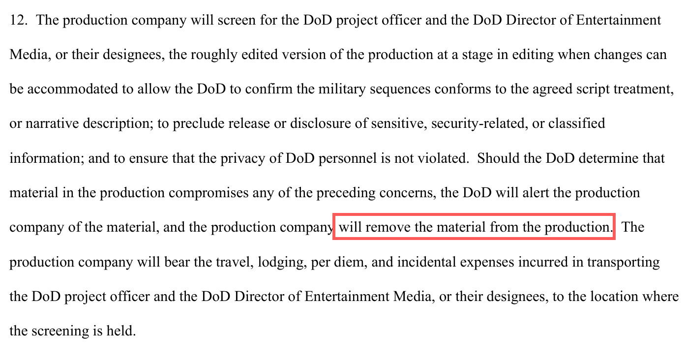 Paragraph 12 of the Pentagon's sample Production Assistance Agreement, with 'will remove the material from the production' boxed