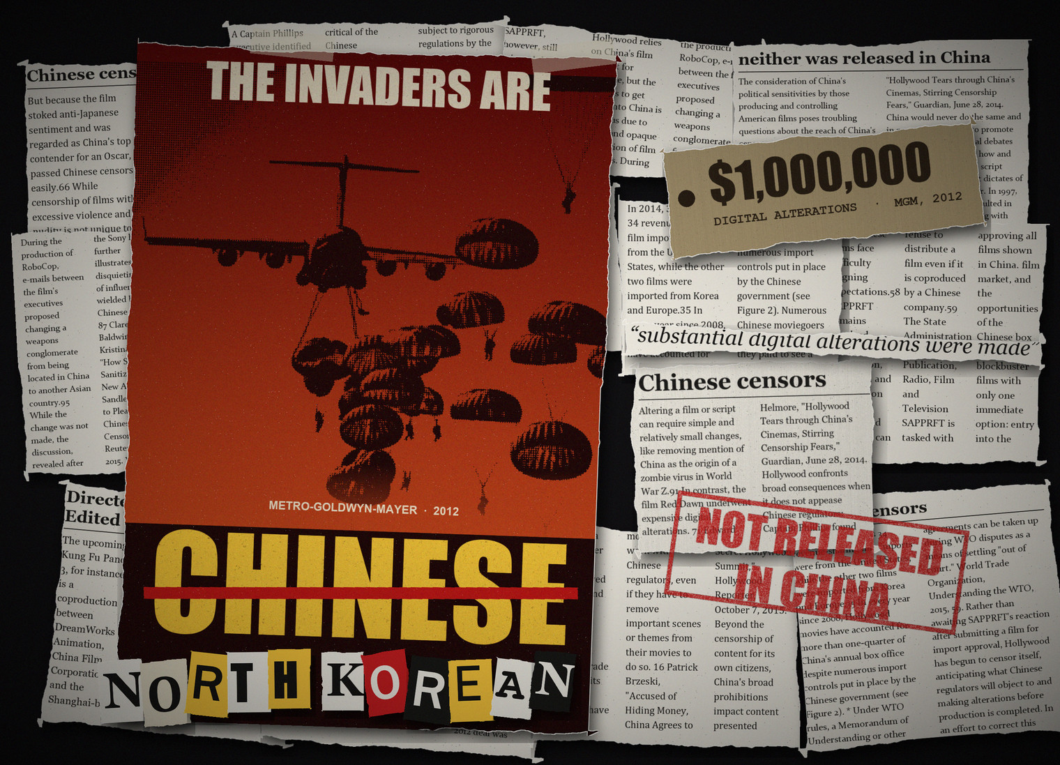 A grunge collage in the style of a 1980s American invasion poster: a screen-printed photo of paratroopers dropping from a transport plane, THE INVADERS ARE CHINESE with CHINESE struck through and NORTH KOREAN pasted underneath in ransom-note letters, a $1,000,000 price tag and a NOT RELEASED IN CHINA stamp