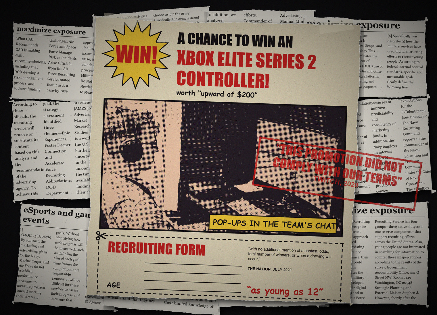 A 1970s comic-book back-page ad, drawn: a WIN! starburst, A CHANCE TO WIN AN XBOX ELITE SERIES 2 CONTROLLER! worth upward of $200, a dot-printed photo of a soldier at a gaming screen, and a cut-out RECRUITING FORM coupon with an AGE line and as young as 12, stamped with Twitch's statement that the promotion did not comply with its terms