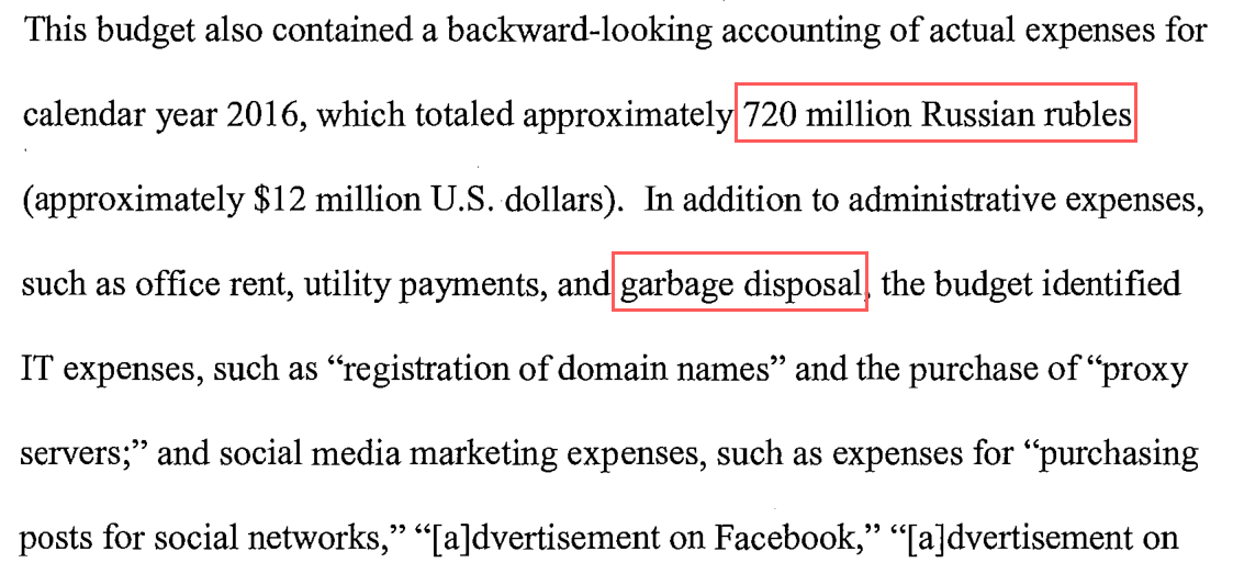 A paragraph from the 2018 criminal complaint against Elena Khusyaynova, with '720 million Russian rubles' and 'garbage disposal' boxed