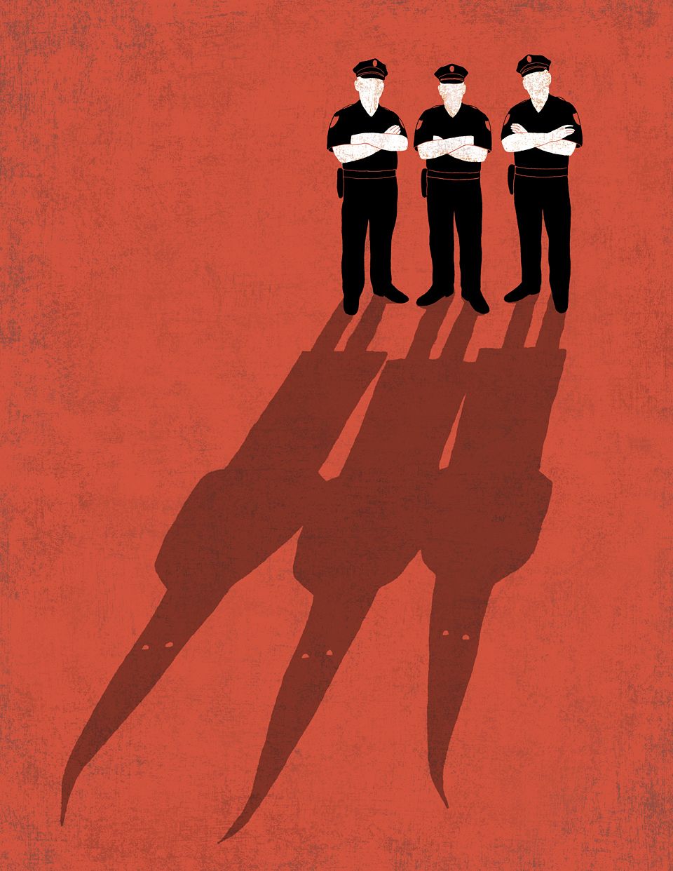 Cinema audience in 3D glasses rendered in black and white, one figure among them faceless and red