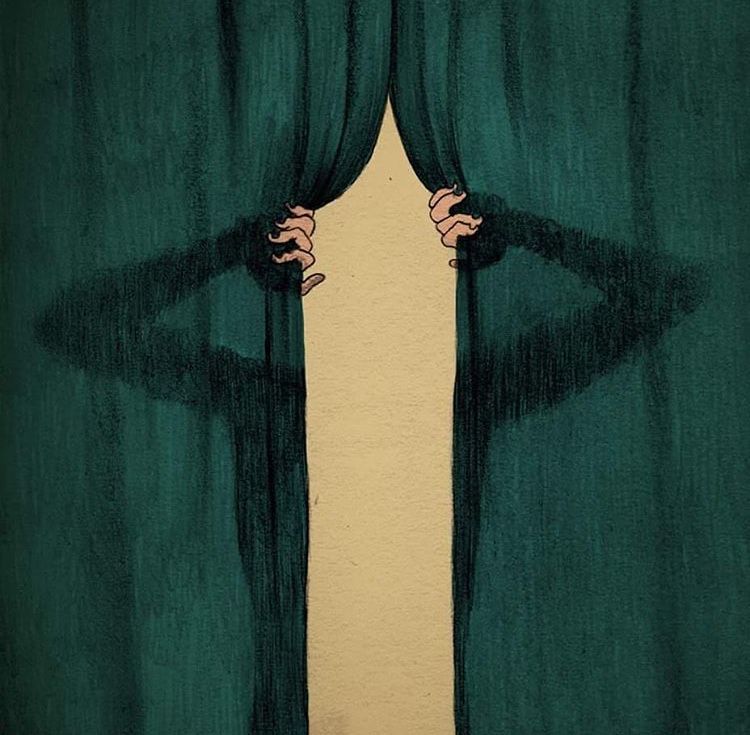 Hands parting dark curtains onto a sliver of light