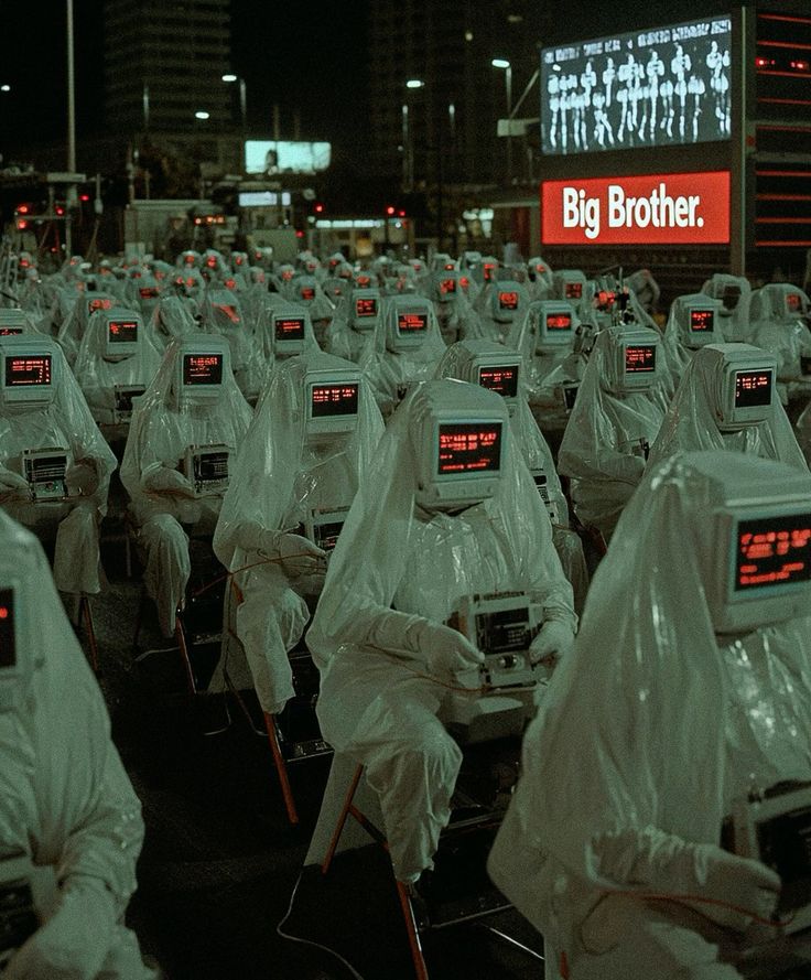 Crowd of CRT-headed figures under a Big Brother billboard