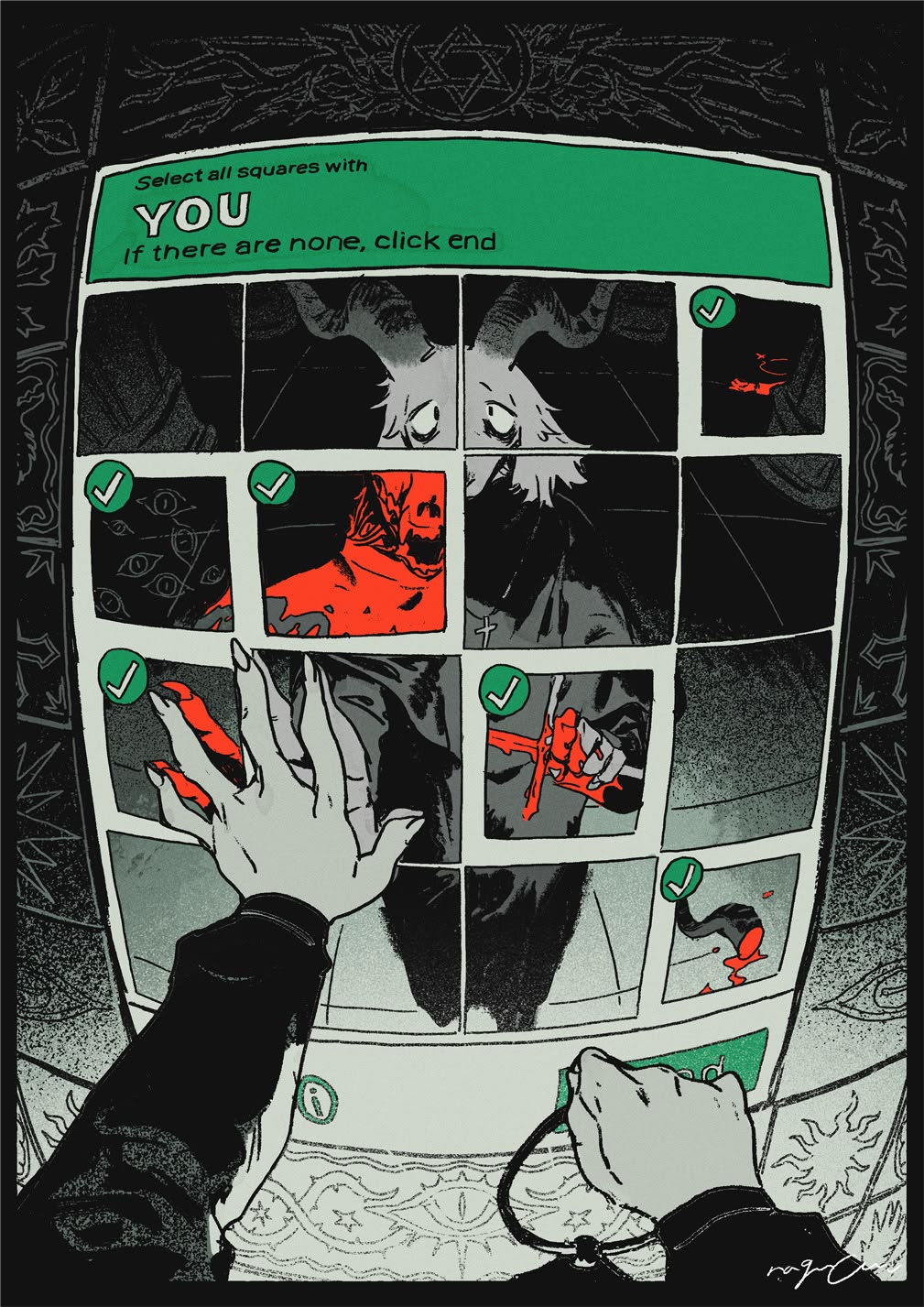 CAPTCHA asking to select squares containing you, over dark occult imagery