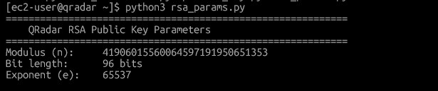 Python output showing modulus 41906015560064597191950651353, bit length 96, exponent 65537