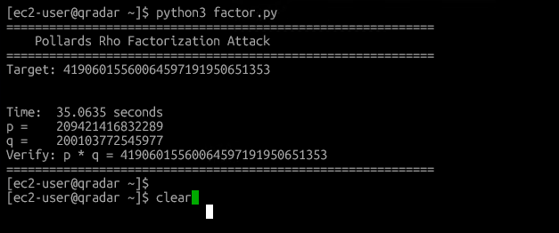 Pollard's rho output: factored in 35.0635 seconds, p = 209421416832289, q = 200103772545977