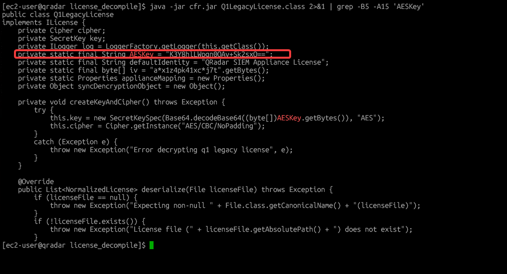 Decompiled Q1LegacyLicense.java with the hardcoded AES key string visible