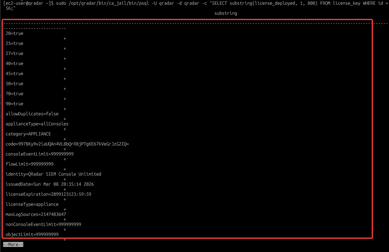 Decrypted QRadar license file showing identity, type PERMANENT, event limits, expiration 2099 and feature codes