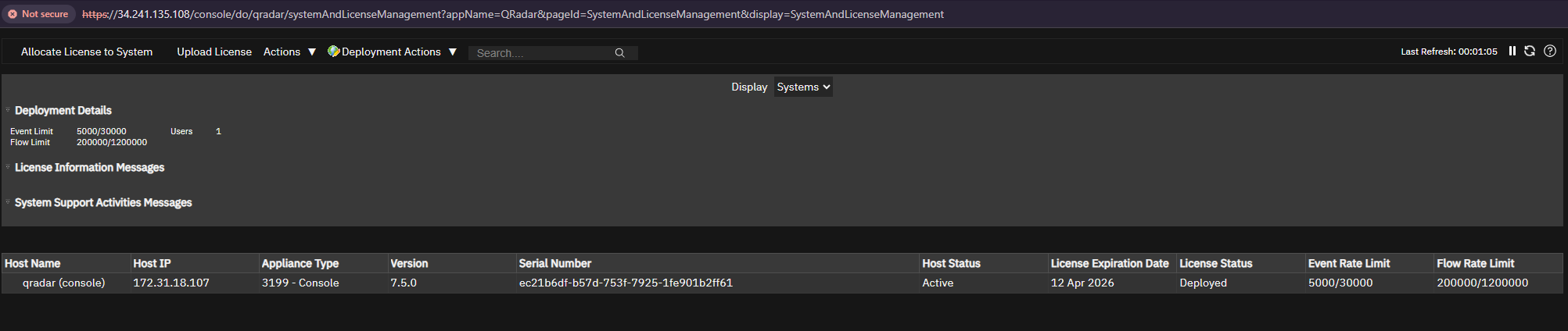 QRadar admin page before the exploit, licensed for 5000 EPS