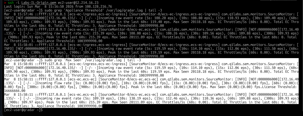 QRadar log viewer showing Appliance Threshold 1003999998.00 EPS and Total EC Throttles 0